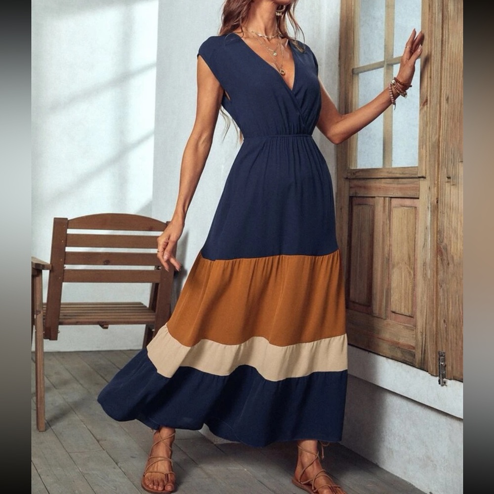 Boho color block surplice neck maxi dress - Picture 4 of 6